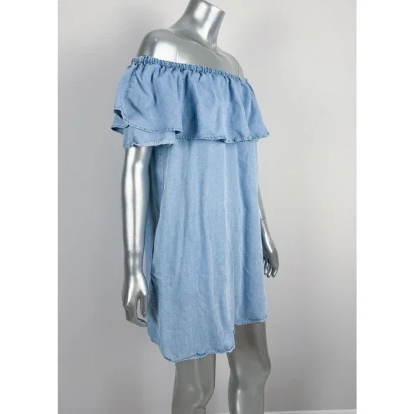 Zara mini Dress Blue Chambray Off The Shoulder Ruffled - Picture 1 of 9